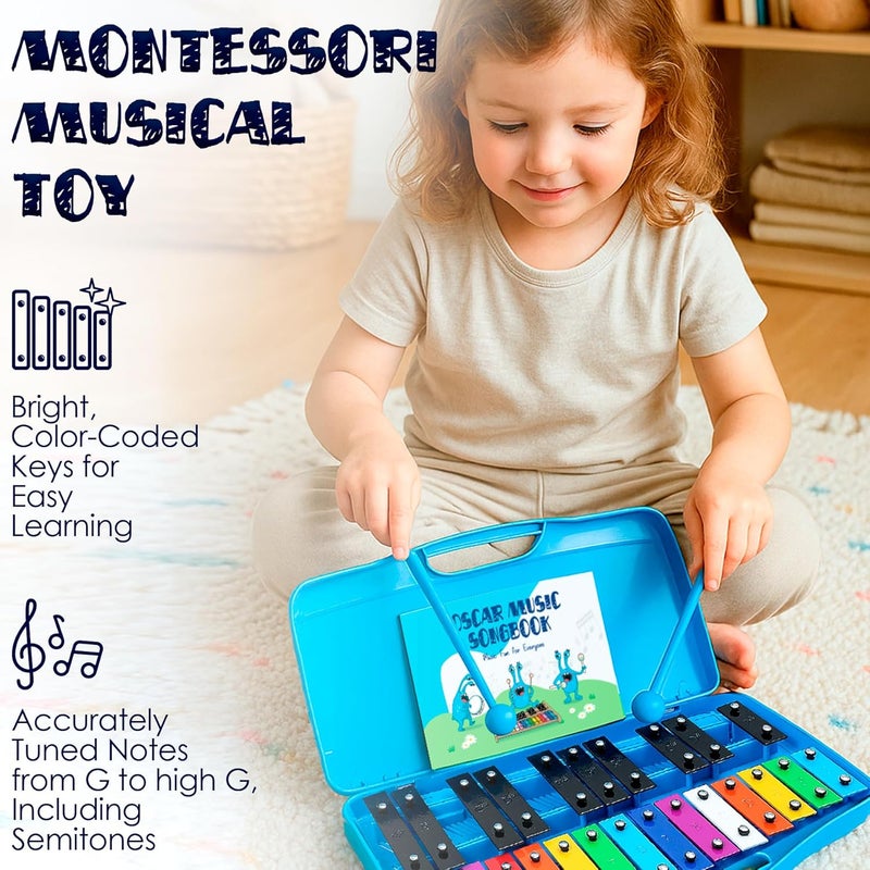 MINIARTIS Glockenspiel Xylophone | 25 Note Colorful Metal Keys Xylophone for Kids | Percussion Musical Instrument | Educational Music Toy Includes Music Songbook, Mallets and Blue Carry Case - Image 3